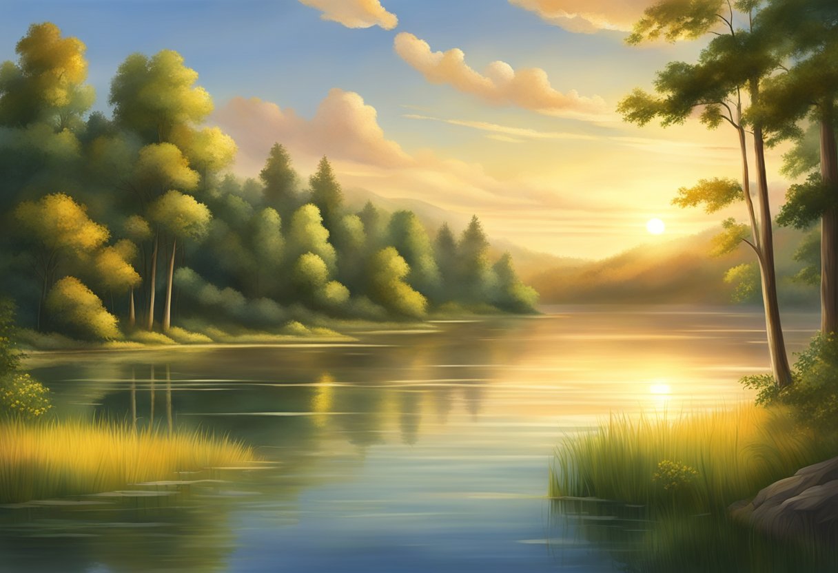 A calm lake surrounded by lush green trees, with the sun setting in the distance, casting a warm, golden glow over the tranquil scene