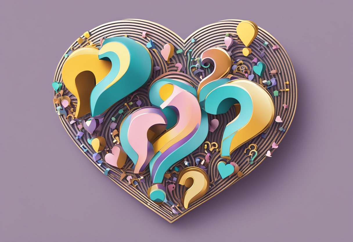 A heart-shaped earlobe with a question mark inside, surrounded by smaller question marks