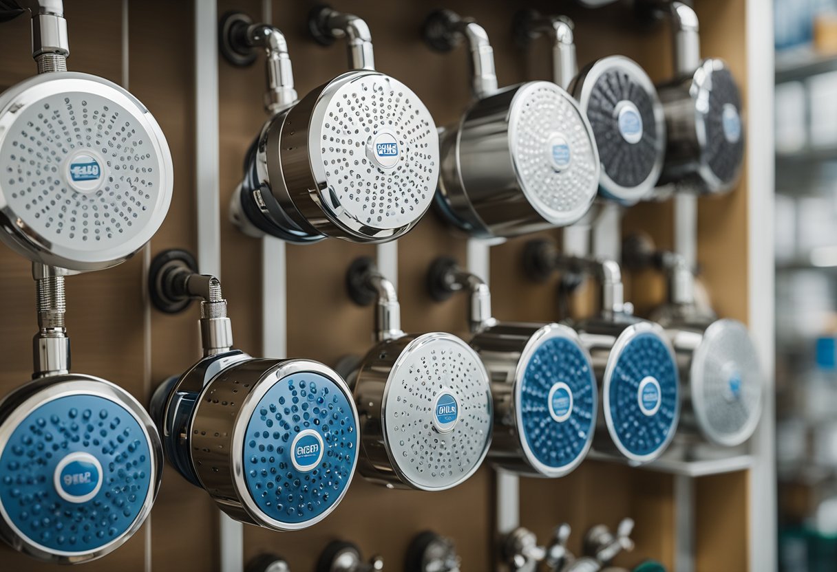 Various showerheads displayed on shelves, labeled with different brands and prices. A chart comparing features and prices hangs on the wall