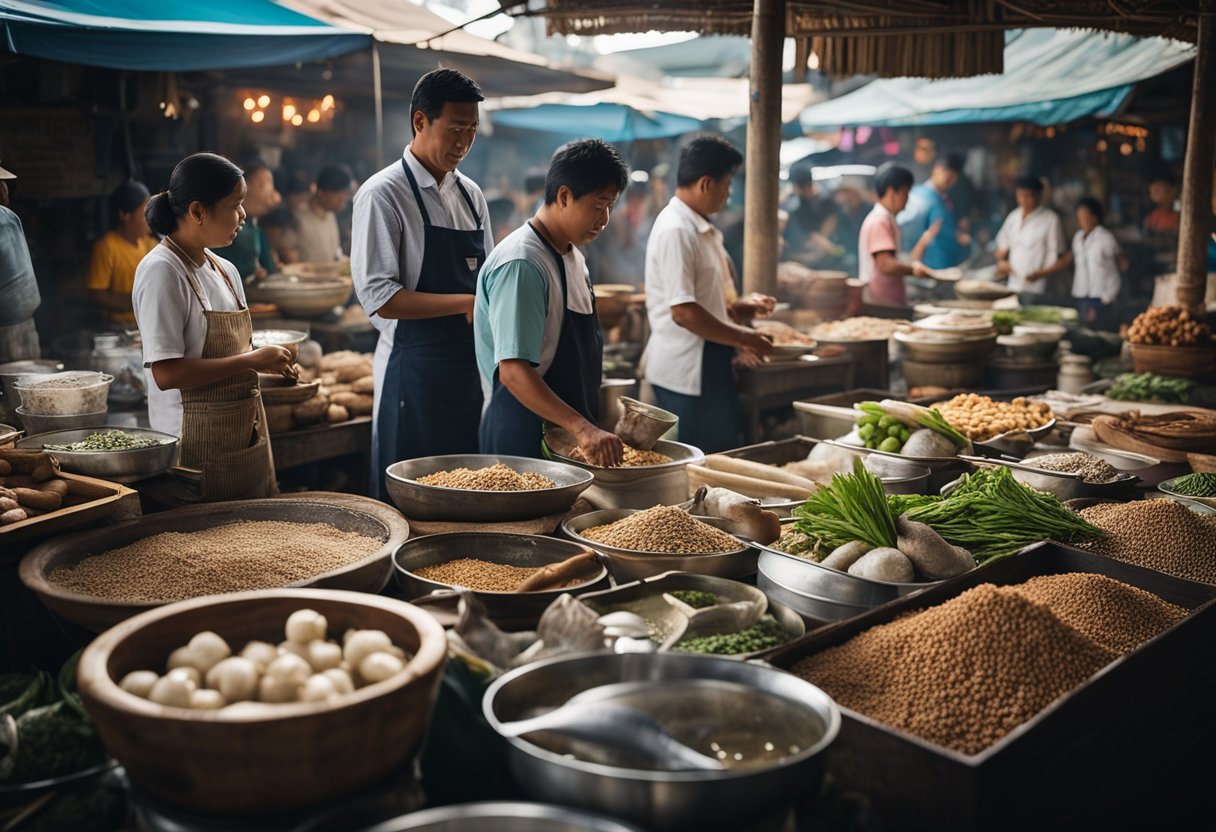 A traditional Thai market with vendors selling various types of fish and spices, while a group of locals gather around to watch the process of making fish sausages