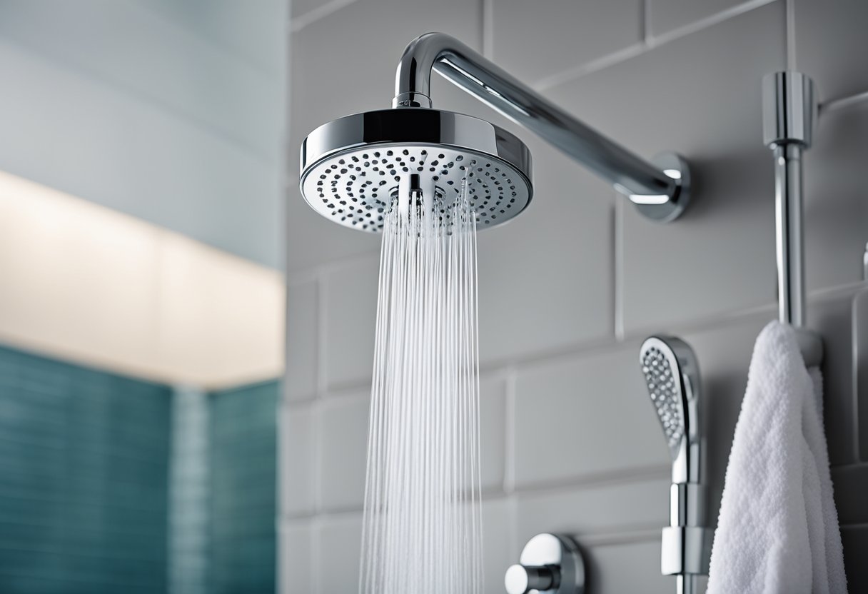 A showerhead with adjustable settings hangs from a sleek, modern fixture in a clean, tiled bathroom. A shelf holds various shower products, and a plush towel is draped over a nearby rack