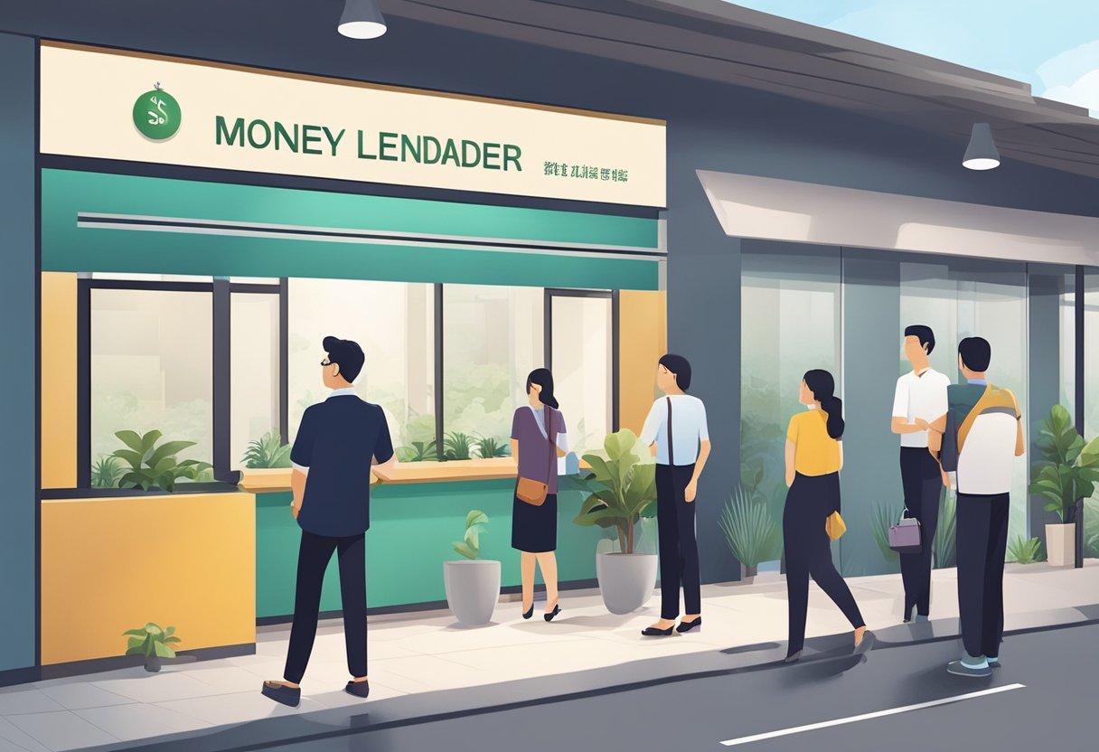 A licensed moneylender in Boon Lay with a visible signboard and a queue of people waiting outside. The office is clean and well-maintained, with a professional and welcoming atmosphere