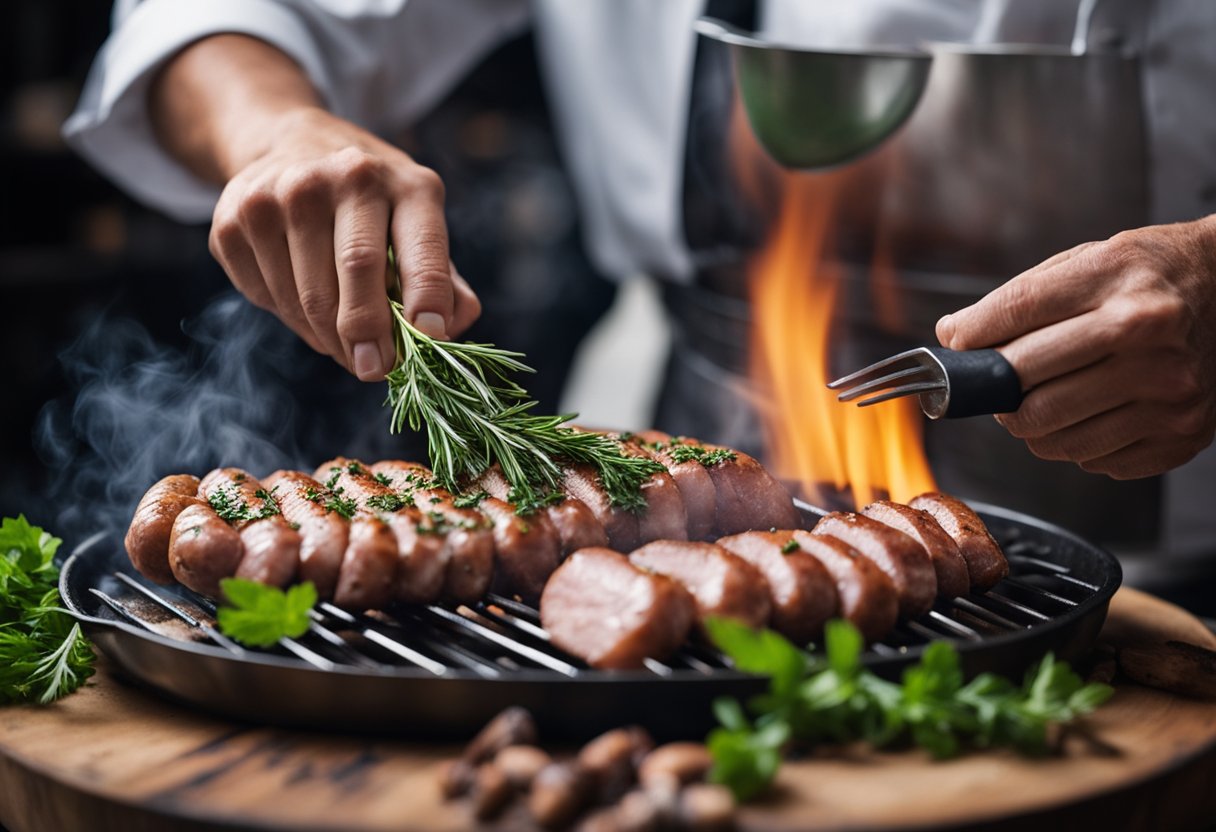 A chef mixes ground fish with herbs and spices, then shapes it into sausages before grilling them over an open flame