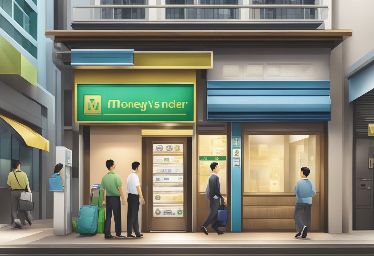 A licensed moneylender's sign stands out in a bustling Singapore neighborhood, with a steady stream of customers entering and exiting the office