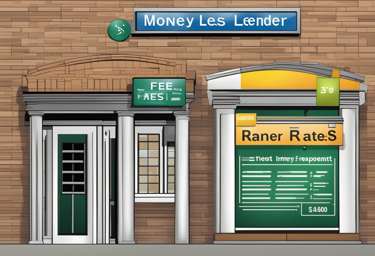 A money lender's sign displays "Interest Rates, Fees, and Repayment" with a credit limit