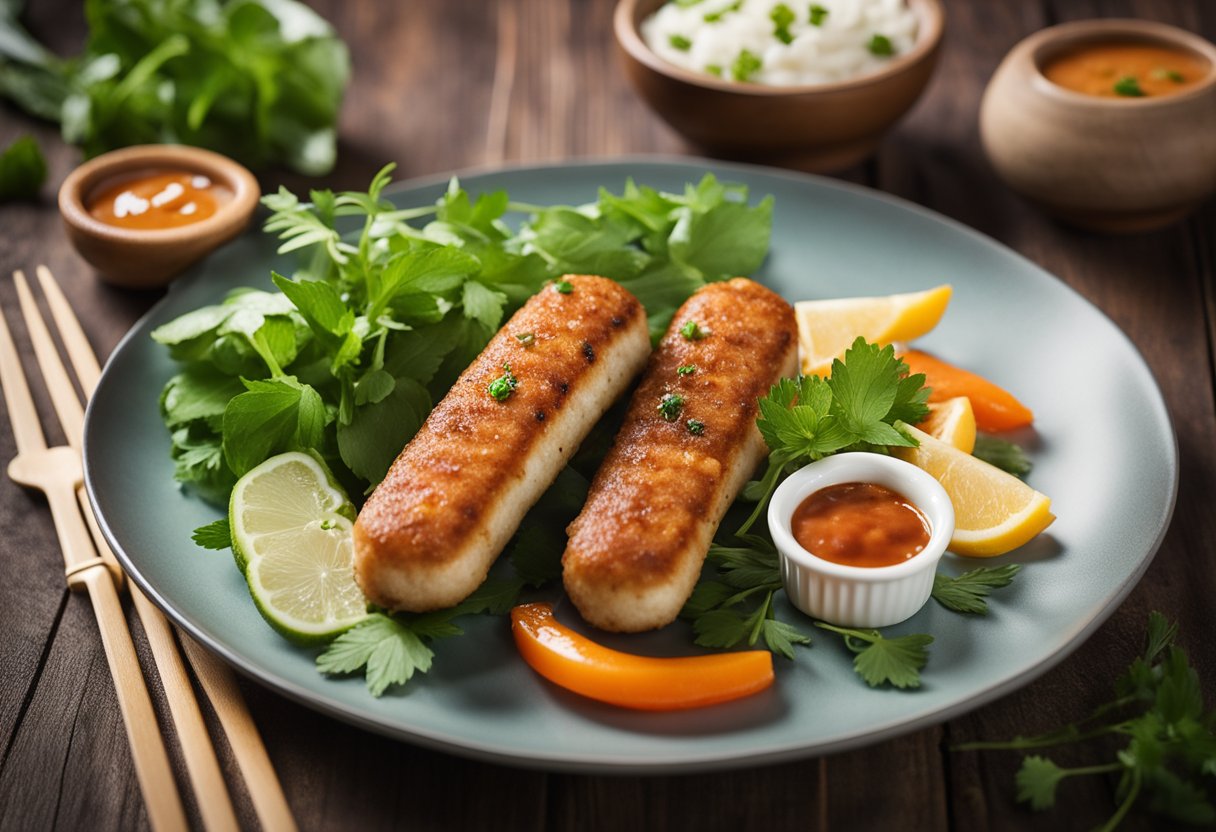 A plate of Thai fish sausages with a side of dipping sauce and a garnish of fresh herbs