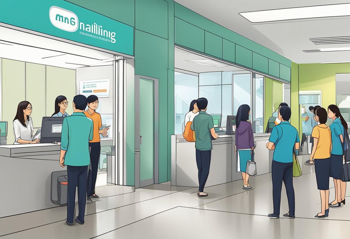 Customers queue at Marsiling licensed money lender. Staff assist with loan services. Clean, organized environment. Positive customer experience evident