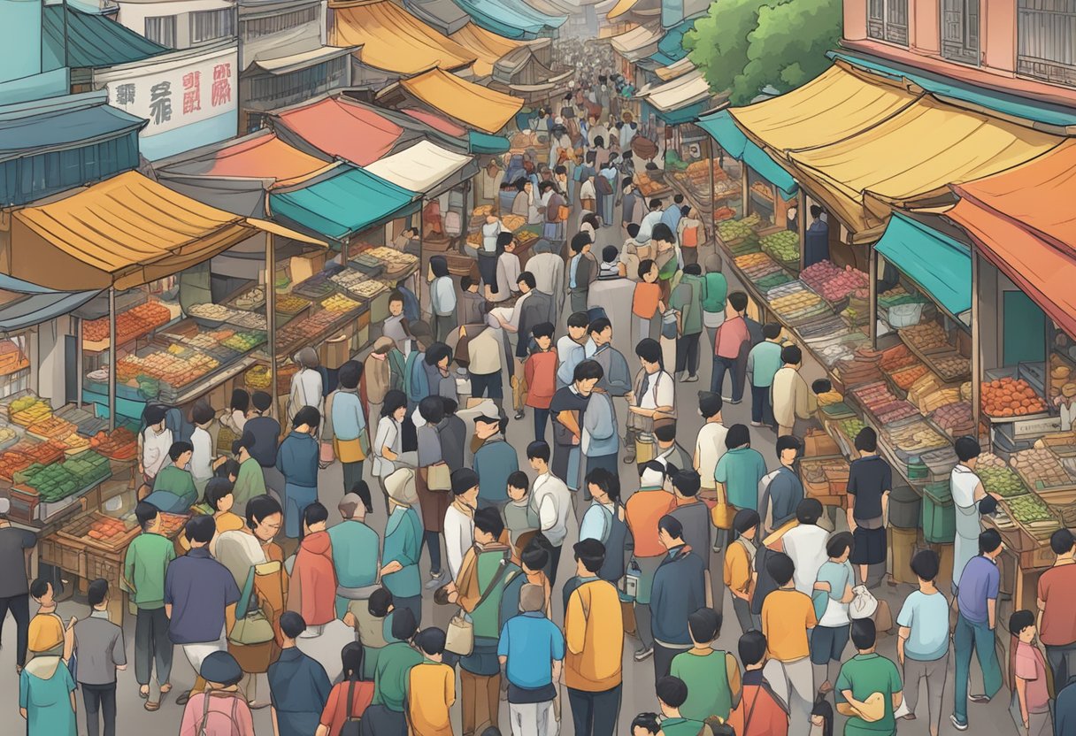 A bustling street market with a prominent sign for "Xingang Money Lender" surrounded by colorful stalls and busy shoppers