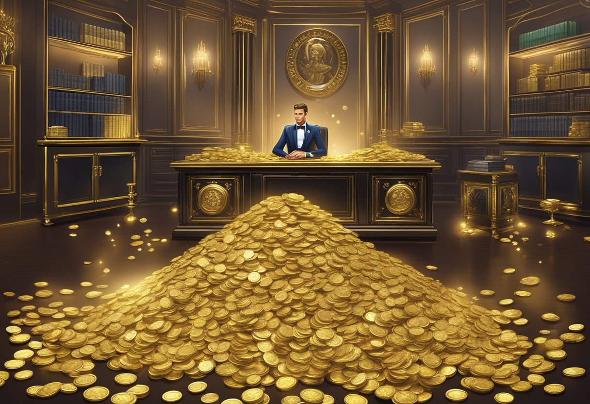 A golden credit money lender, shining with wealth and prestige, sits atop a grand desk in a lavish office, surrounded by stacks of gold coins and sparkling jewels