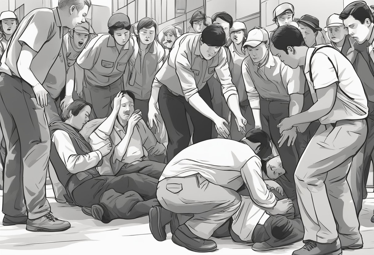 The scene shows a person collapsing suddenly, with bystanders calling for help and performing CPR