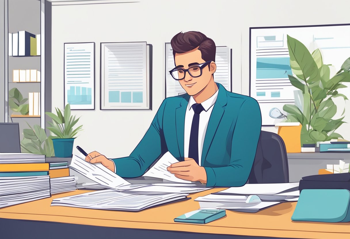 A customer sits at a desk, filling out forms. A money lender reviews documents and explains terms. The office is bright and modern