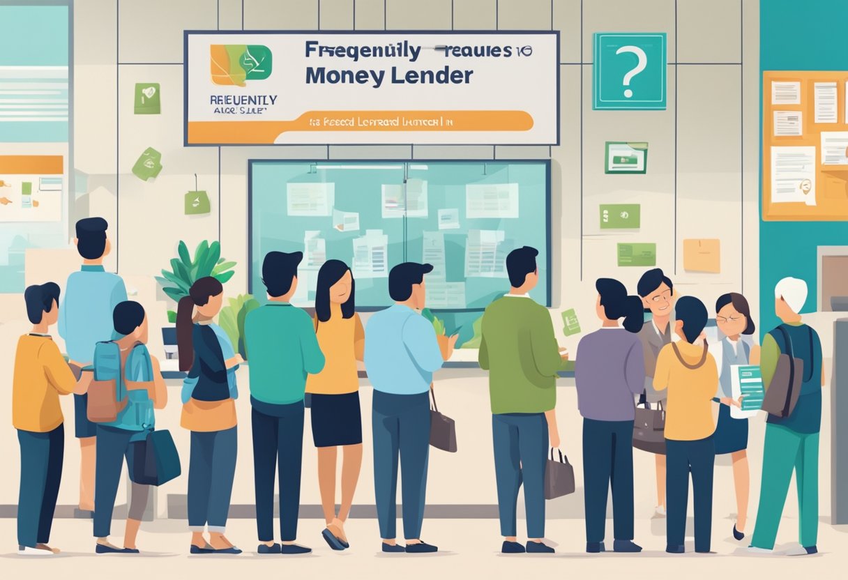 A busy office with a sign "Frequently Asked Questions licensed money lender in Boon Lay" and people waiting in line