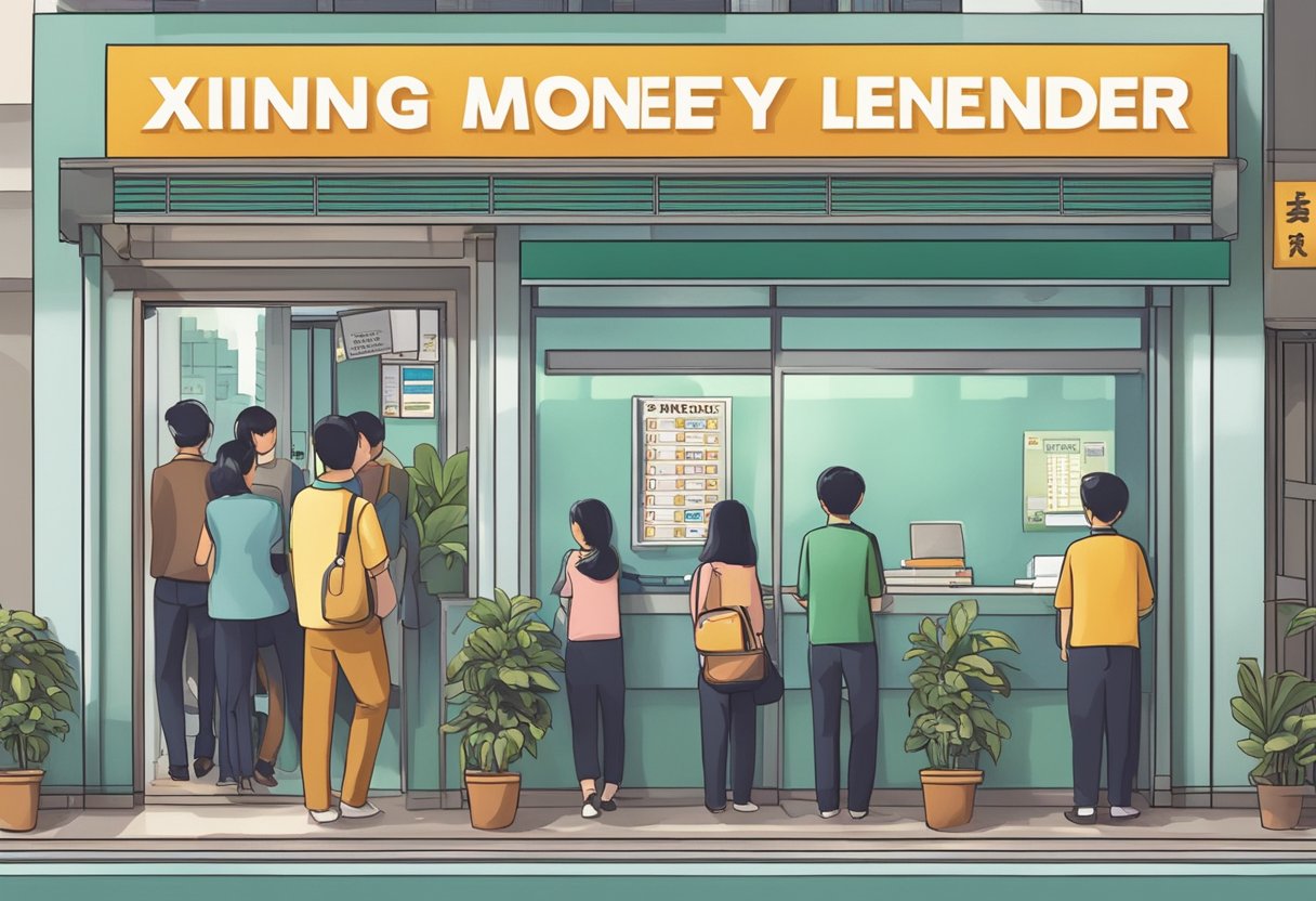 A money lender's office with a sign reading "Xingang Money Lender" in Singapore, with a queue of people waiting outside