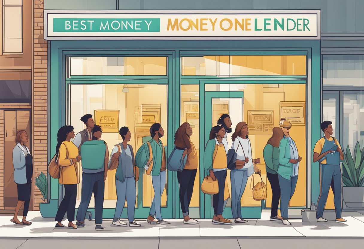 A line of diverse individuals wait outside a modern, well-lit storefront with a prominent sign reading "Best Money Lender."
