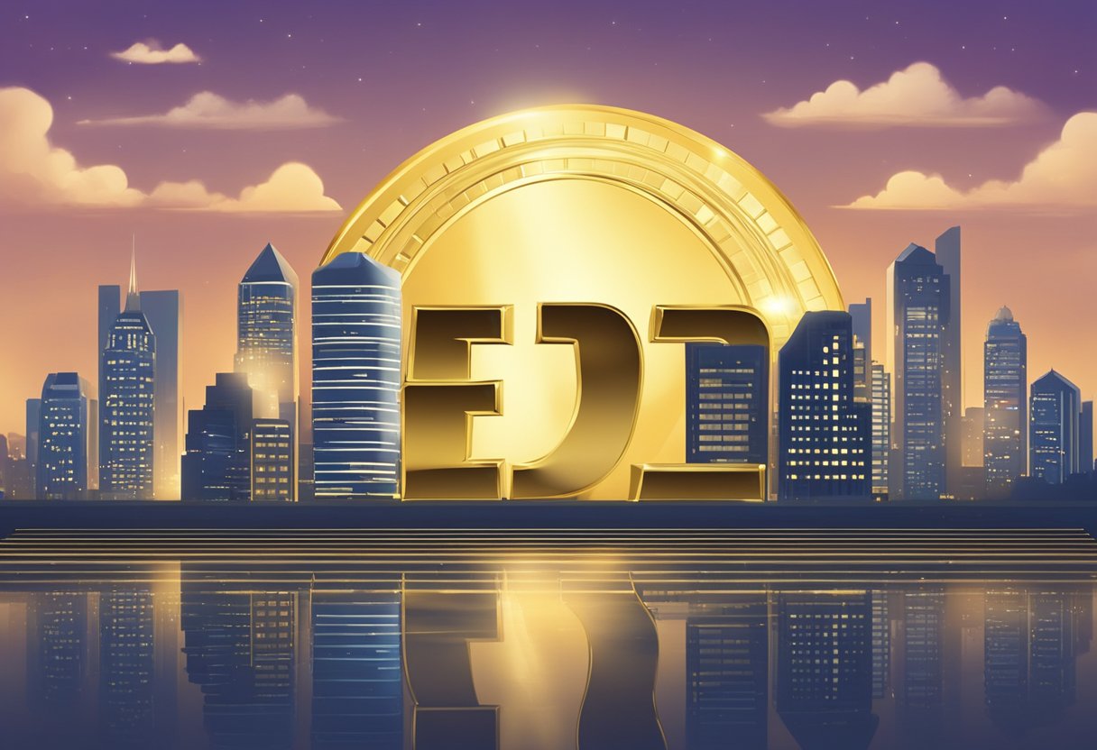 A golden credit money lender sign shines bright against a city skyline at dusk, symbolizing financial opportunity and stability