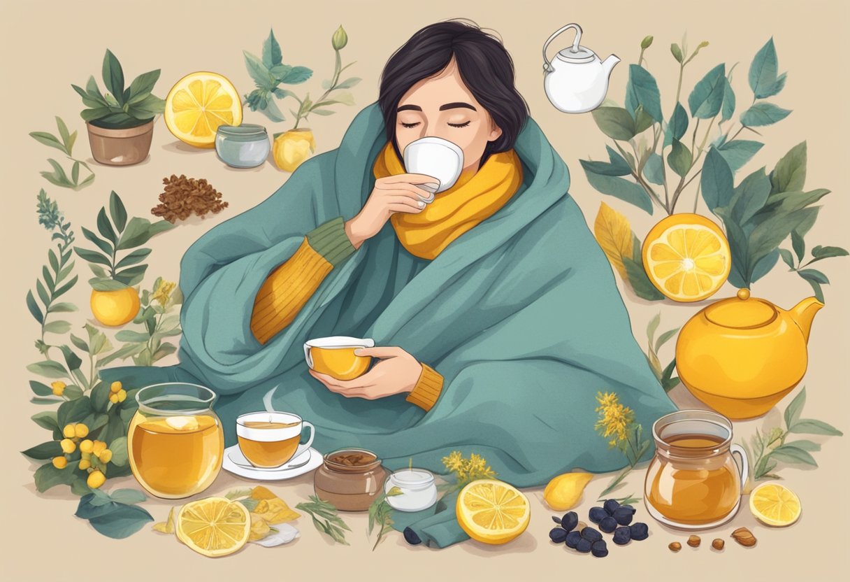 A heart patient sips warm tea with honey and lemon, surrounded by herbal remedies and a cozy blanket