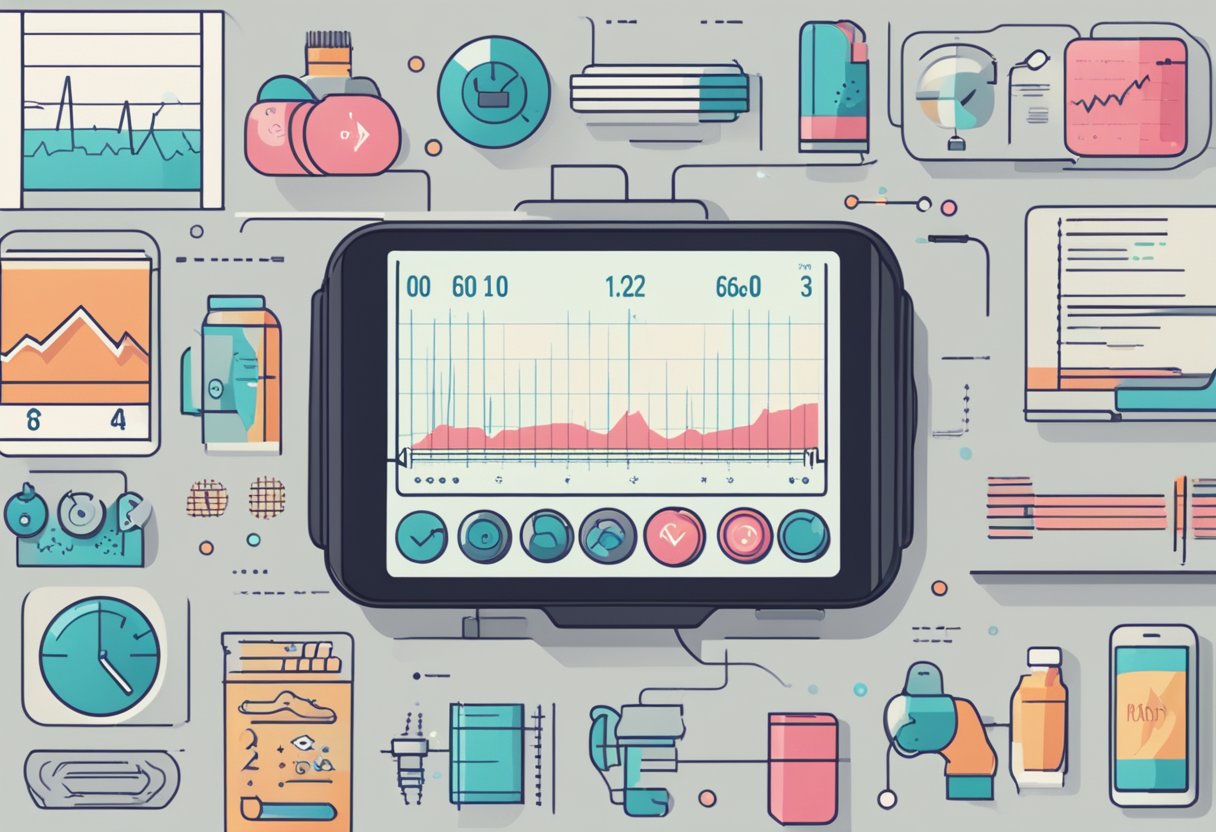 A heart rate monitor displaying a steady pulse of 60-100 beats per minute, surrounded by images of exercise, stress, caffeine, and medication
