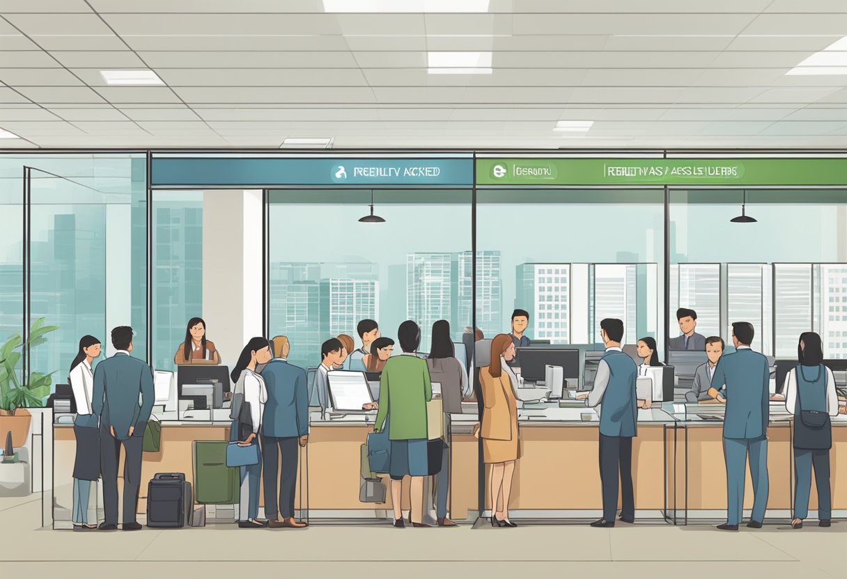 A busy office with a sign "Frequently Asked Questions licensed money lender at Marsiling". People waiting in line, staff assisting customers
