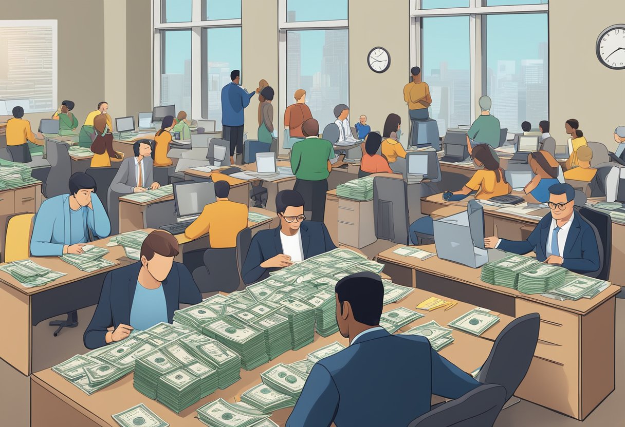 Multiple money lenders with varying interest rates and terms, seated at desks in a crowded room, surrounded by paperwork and calculators