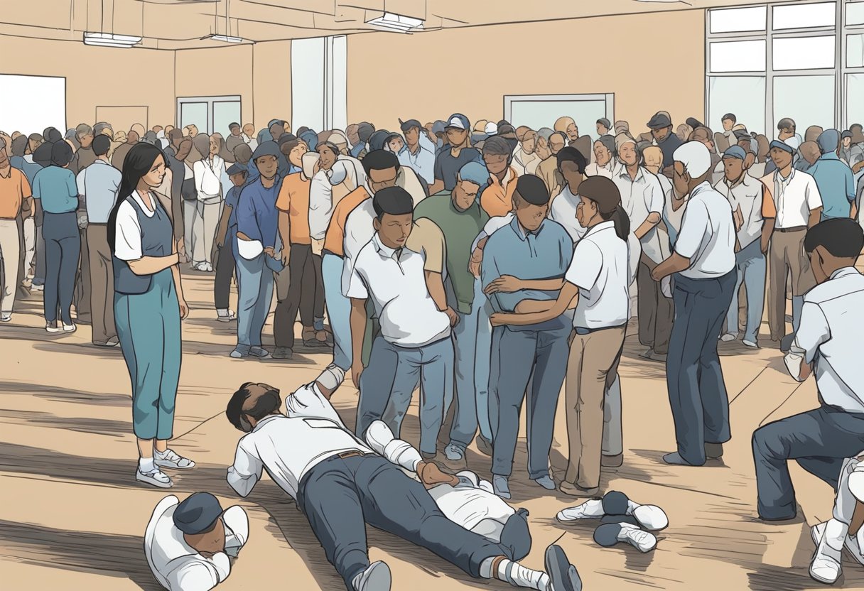 A person collapses, clutching their chest. Nearby, a defibrillator is being used to administer life-saving shocks. A crowd gathers, anxiously watching the scene unfold