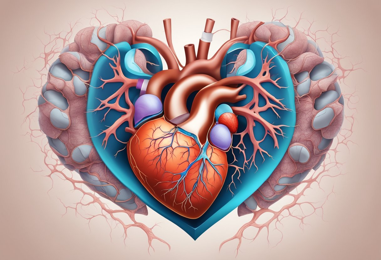 A heart with damaged valves, surrounded by inflamed tissues and blood vessels