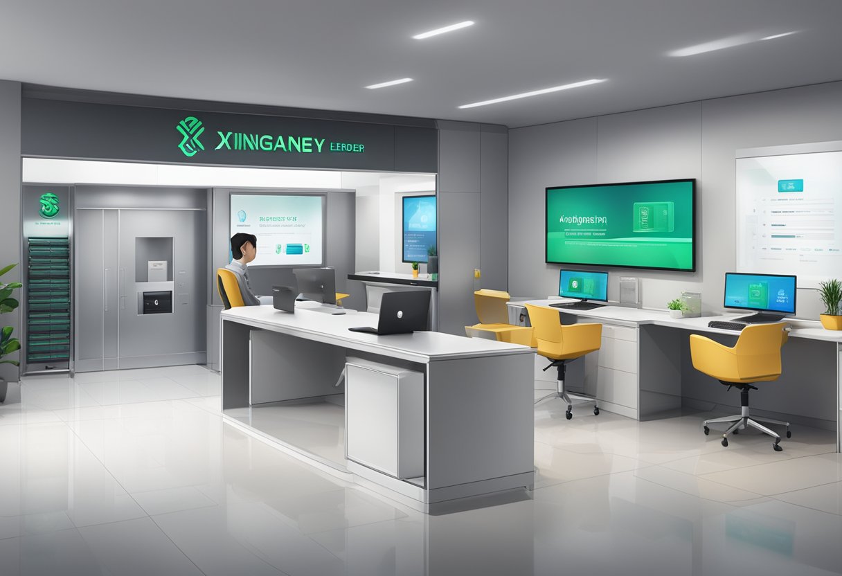 A modern moneylending office with digital screens, a sleek desk, and a secure vault. The logo "Xingang Money Lender" is prominently displayed
