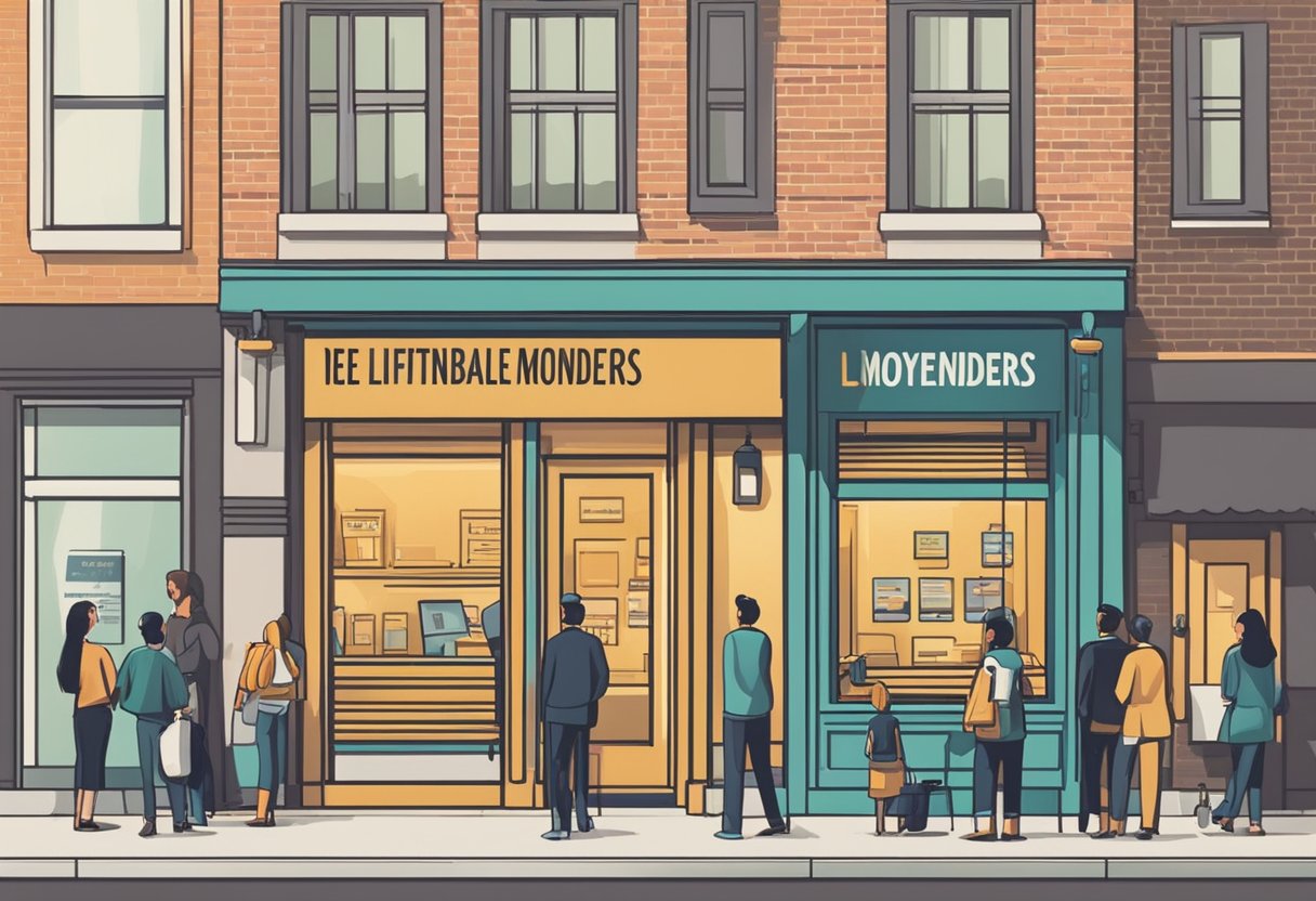 A storefront sign reads "Identifying Reputable Moneylenders" with a line of people waiting outside. The building has a professional and trustworthy appearance, with clear signage and a well-maintained exterior