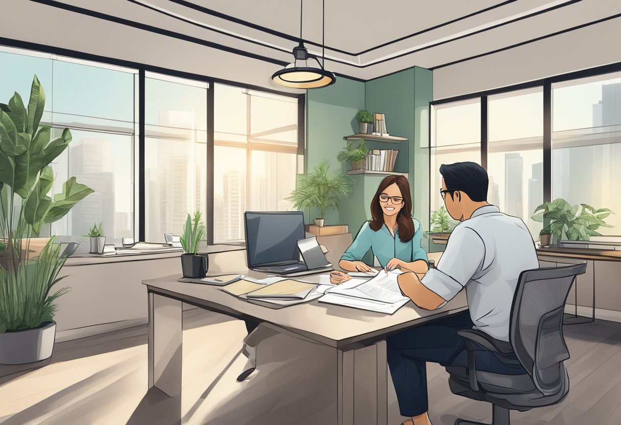 A homeowner in Singapore applies for a house renovation loan from a money lender. The homeowner discusses terms and signs paperwork in an office setting