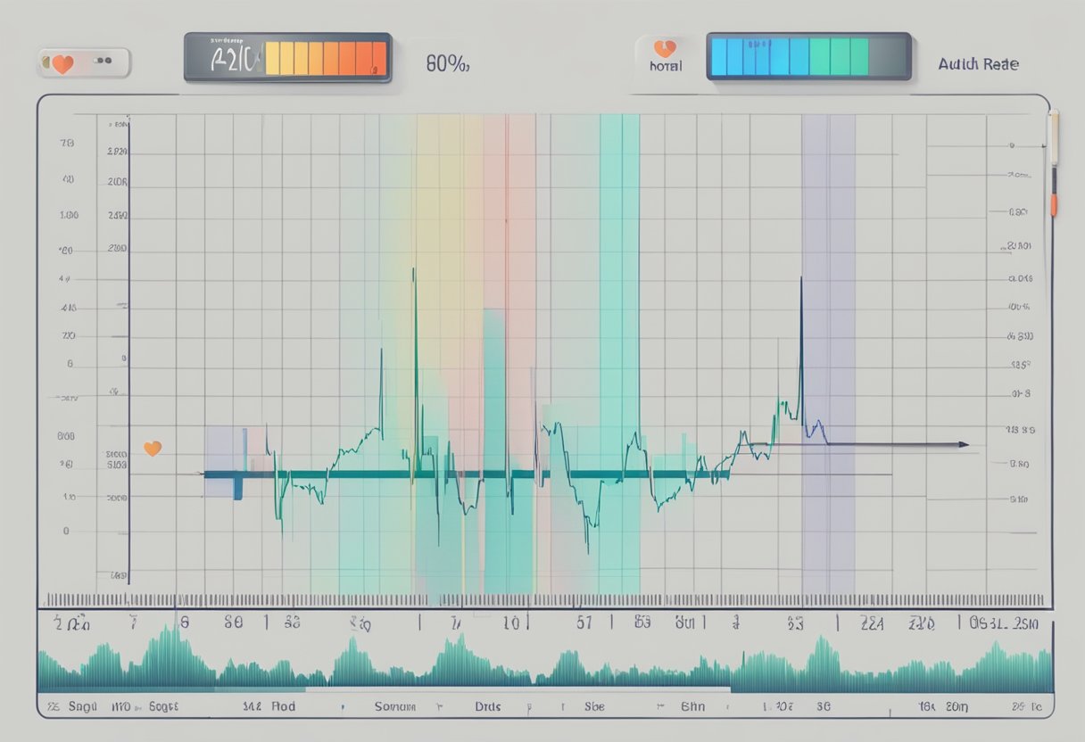 A heart rate monitor displaying a normal adult heart rate, with a chart or graph showing the range of normal rates