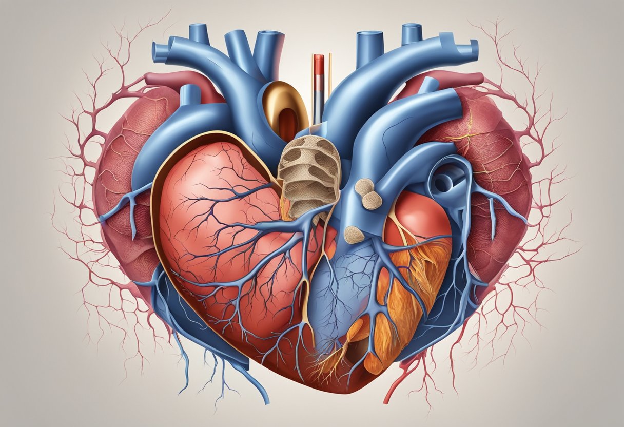 A heart with damaged valves, surrounded by inflamed tissues and blood vessels