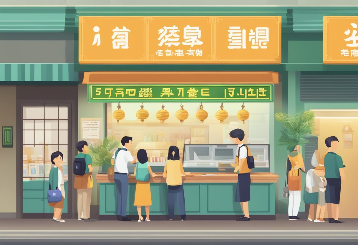 A storefront sign of "Yishun Licensed Money Lender" with a queue of customers and a clerk behind a counter