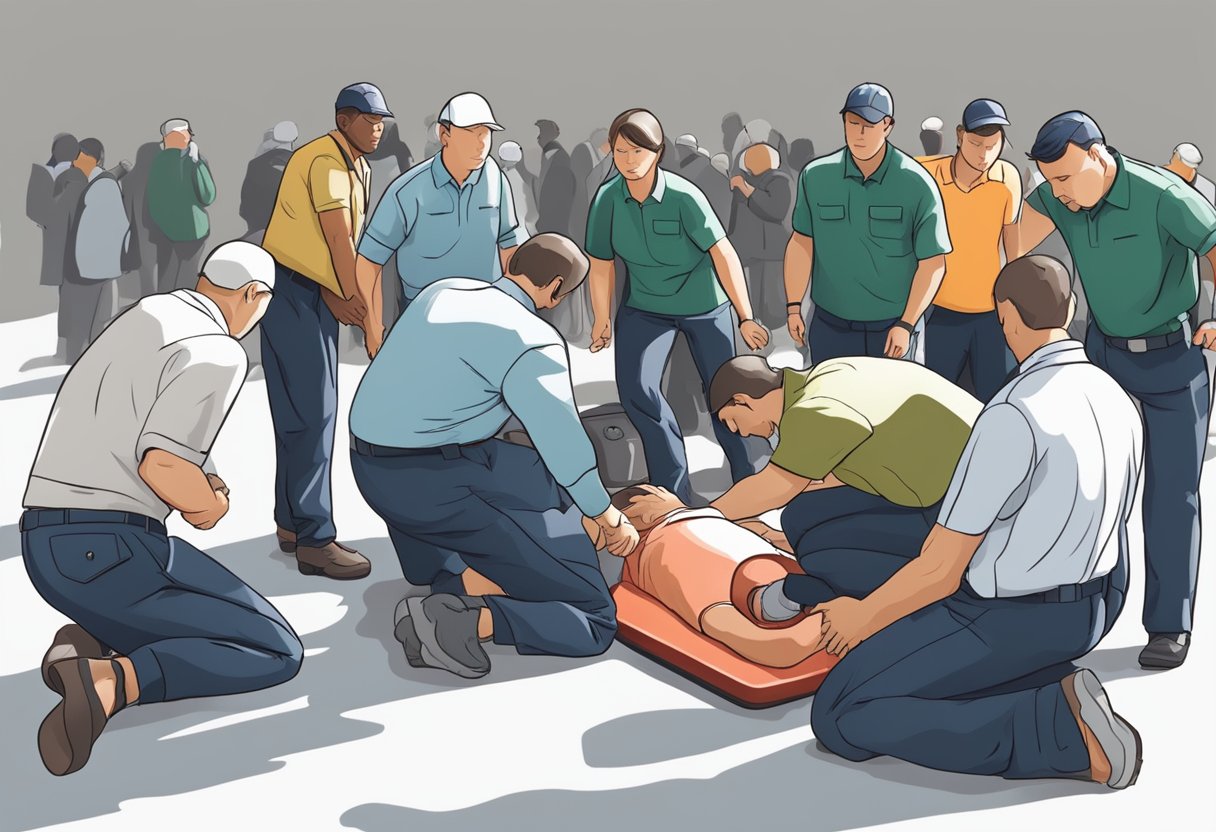 A person collapses, bystanders call for help, perform CPR, and use an AED to revive them