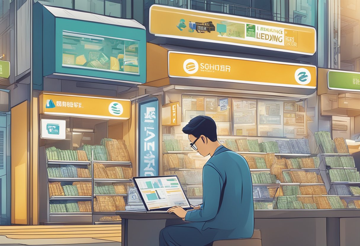 A person researching money lending in Singapore, surrounded by various money lender logos and signage