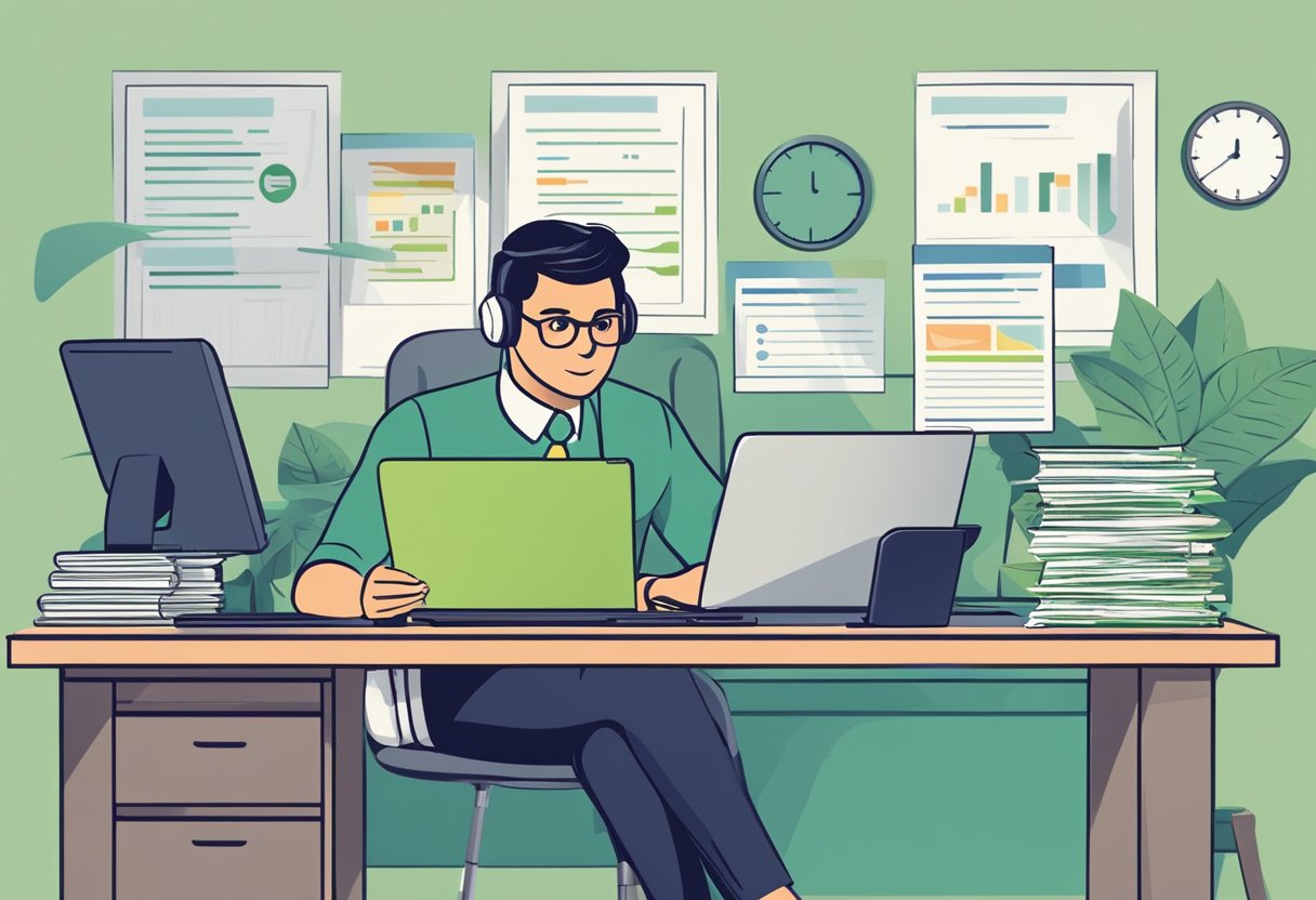 A money lender reviews credit reports at a desk with a computer and files