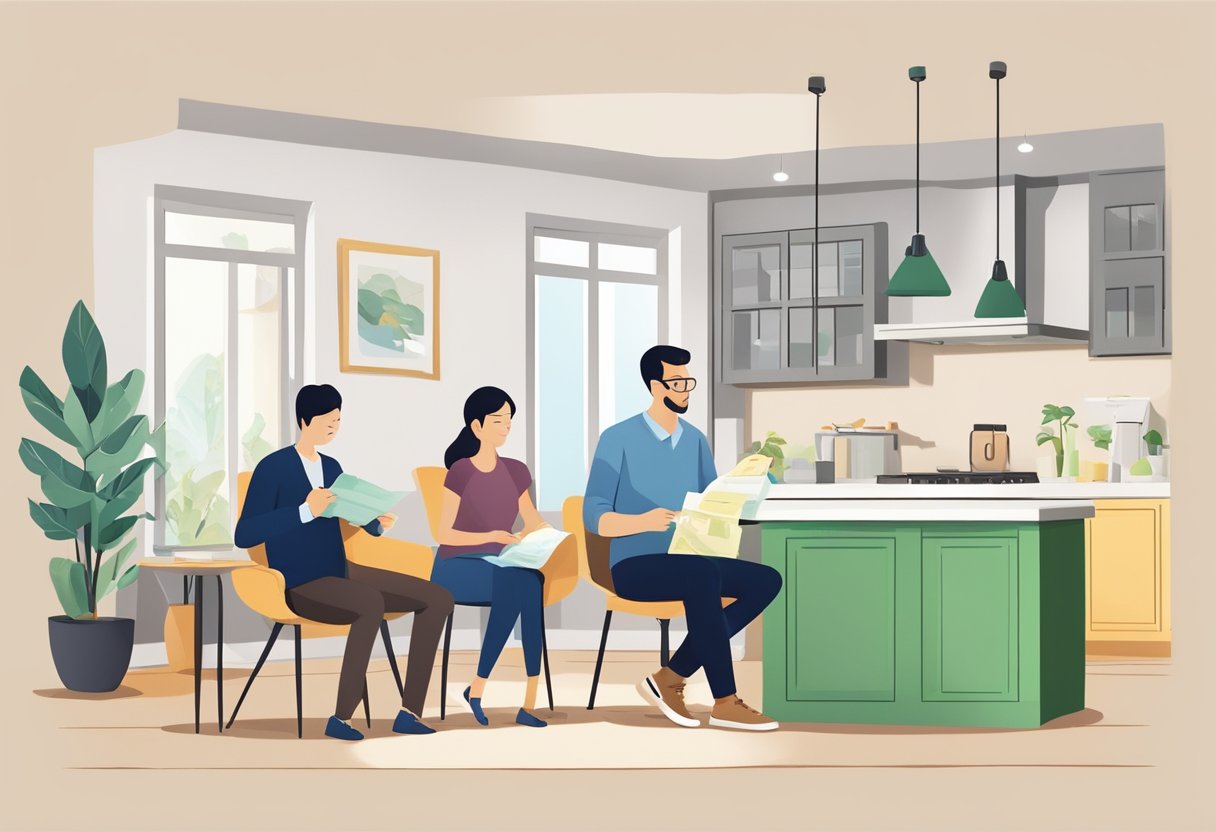 A couple reviews renovation loan options in their Singapore home, discussing terms with a money lender