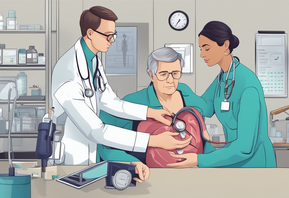 A doctor monitors a patient's heart with a stethoscope, while a nurse administers medication and records vital signs
