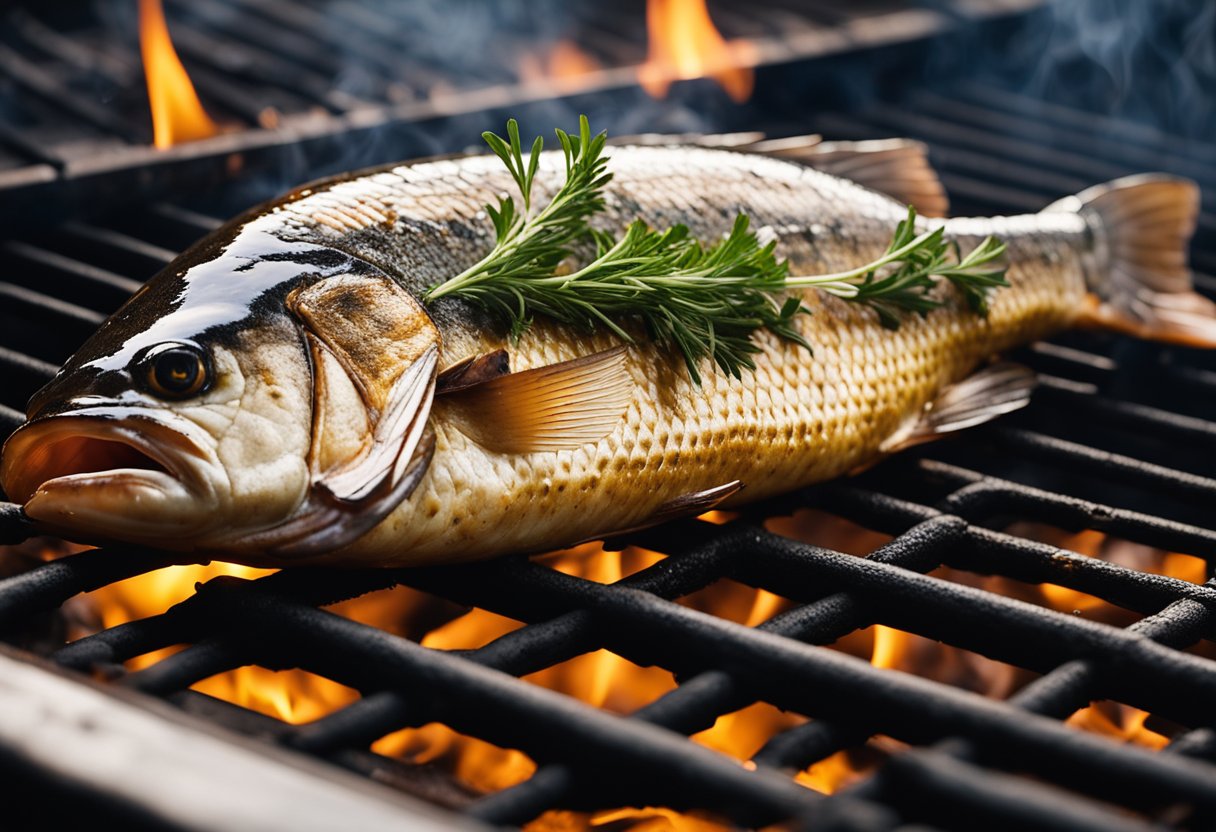 A whole fish sizzling on a charcoal grill, with aromatic herbs and spices scattered around. The fish is golden brown and crispy, with charred grill marks