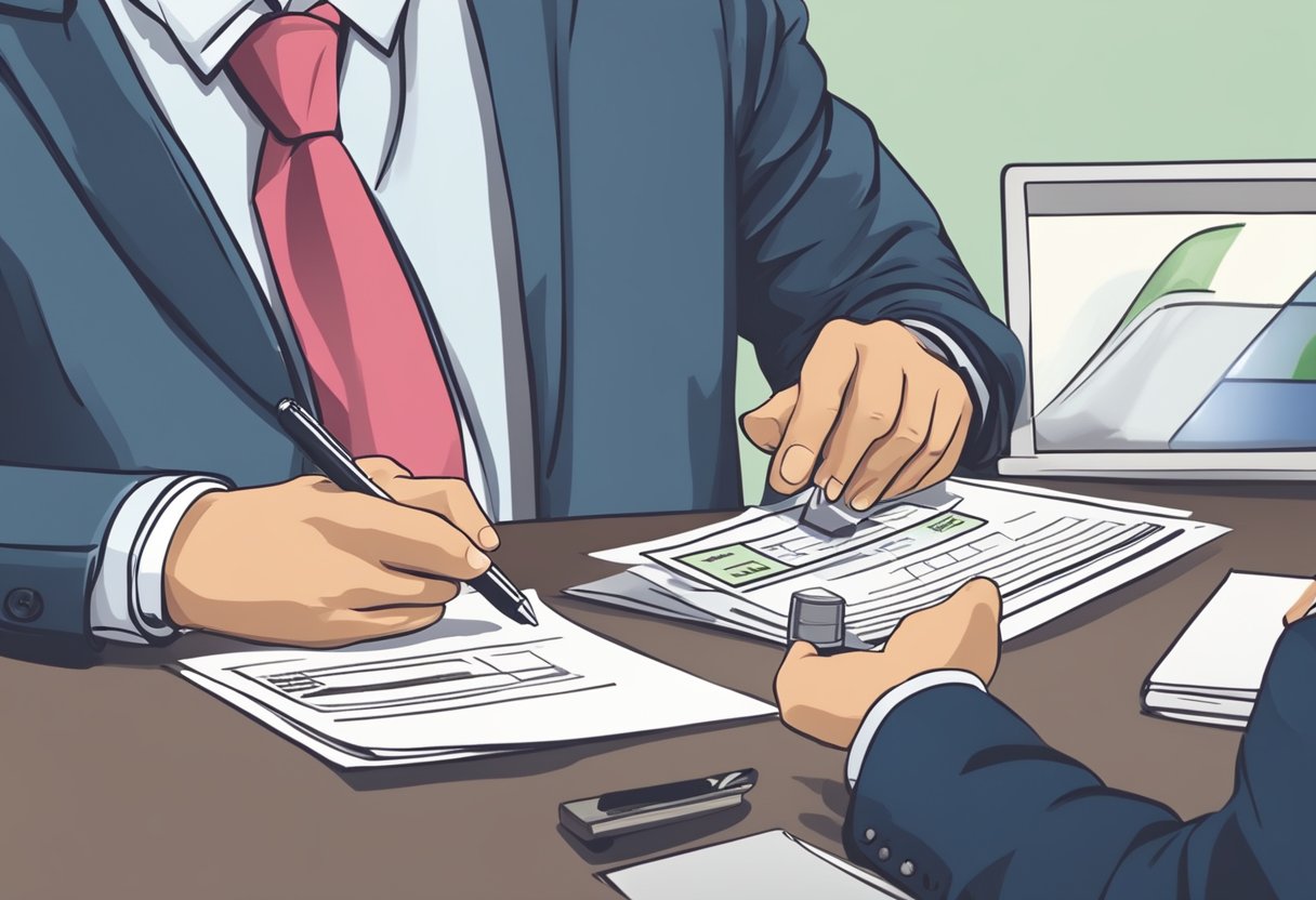 A person filling out a loan application form. Another person, wearing a suit, approves the application with a stamp