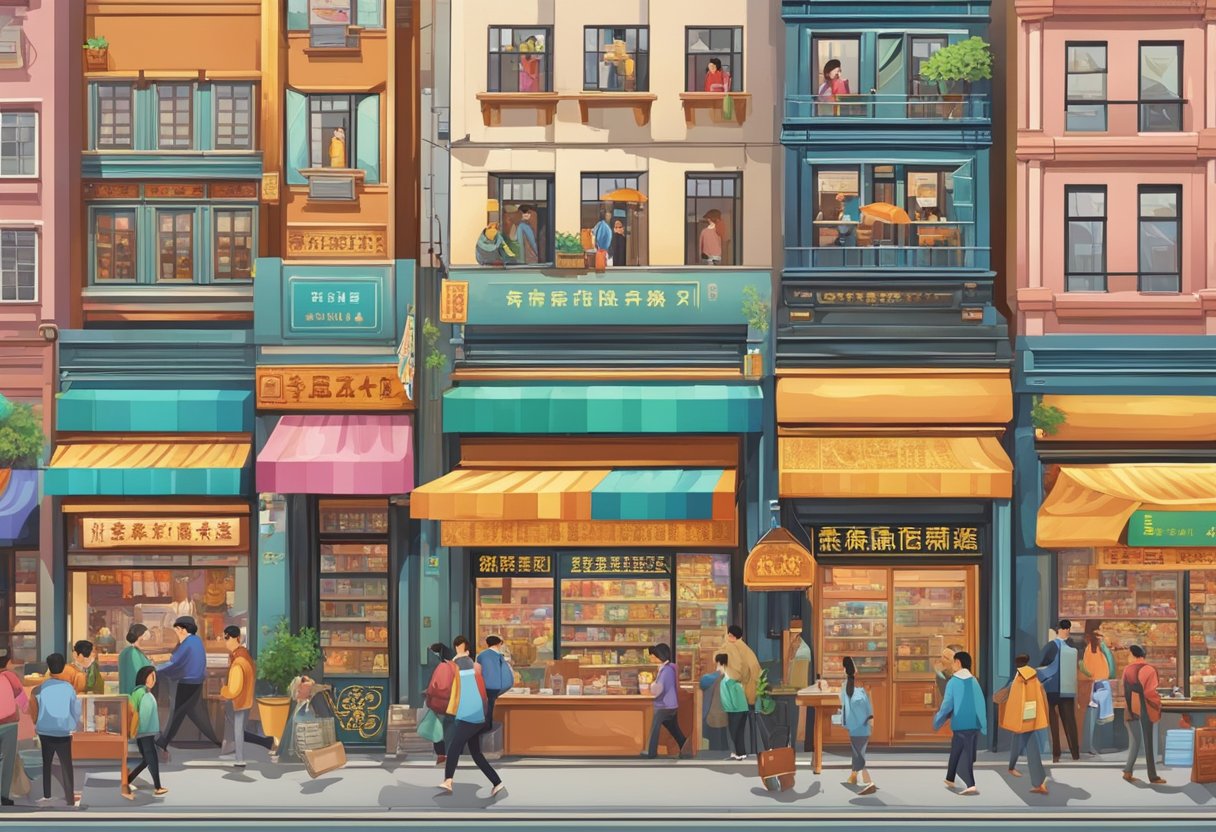 Busy Chinatown street, with a bustling trillion money lender shop front. Vibrant signs and colorful banners adorn the storefront, drawing in customers