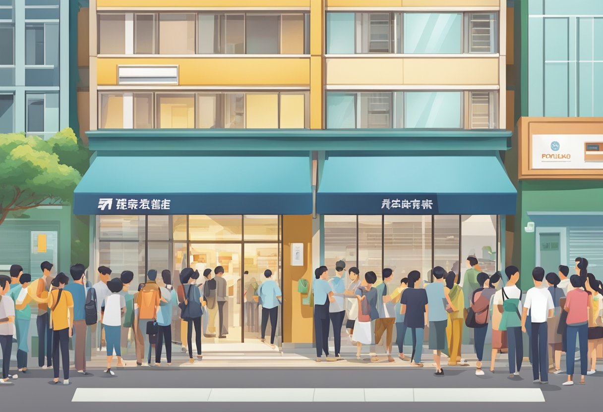 A busy street in Yishun with a prominent sign for a licensed money lender, people entering and exiting the building, and a queue forming outside
