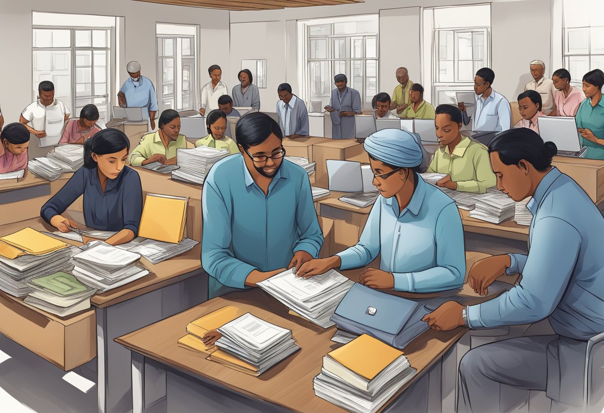 Tier 4 microfinance institutions and money lenders follow strict regulations. A group of officials inspecting records and conducting audits to ensure compliance