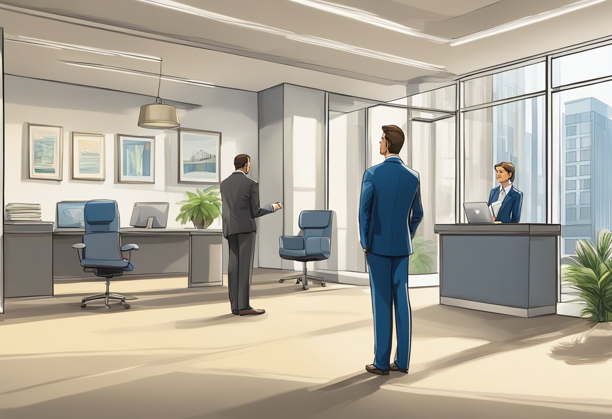 A well-dressed individual confidently approaches a professional-looking office with a prominent sign reading "Golden Credit Money Lender." The building exudes an air of trustworthiness and reliability