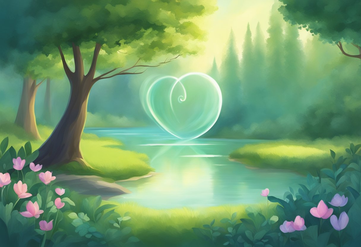 A peaceful setting with greenery, calming colors, and a serene atmosphere. A heart symbol with a calming aura and a sense of tranquility