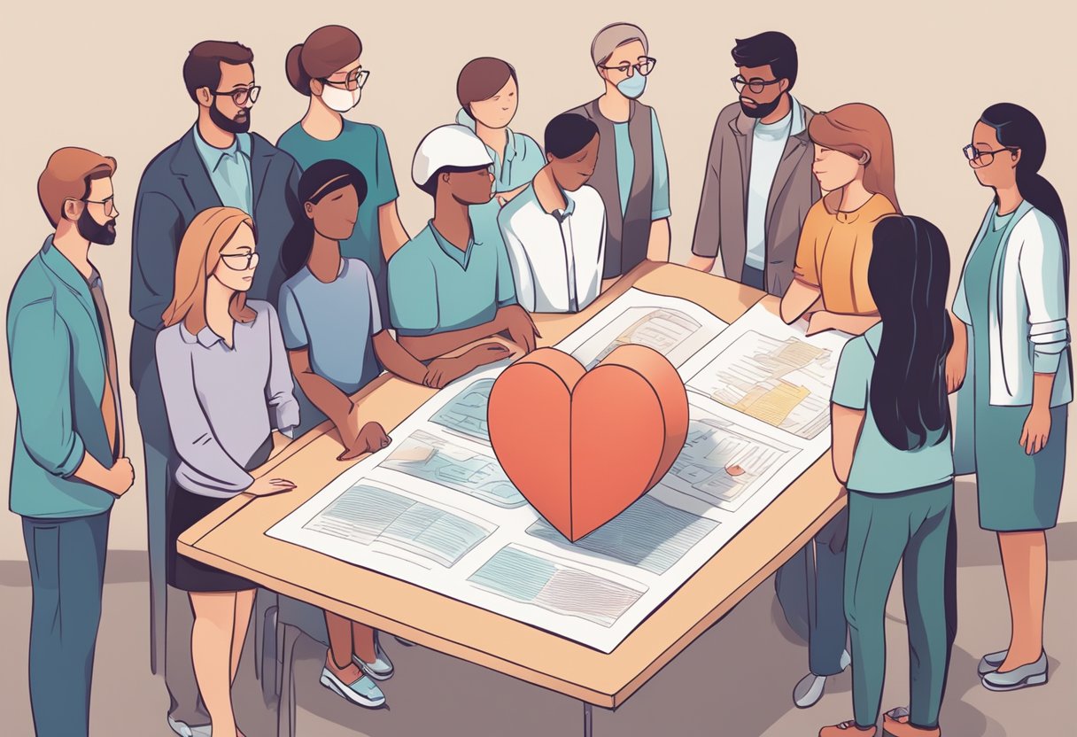 A group of people gathered around a board with the words "Frequently Asked Questions: Rheumatic Heart Disease" displayed prominently