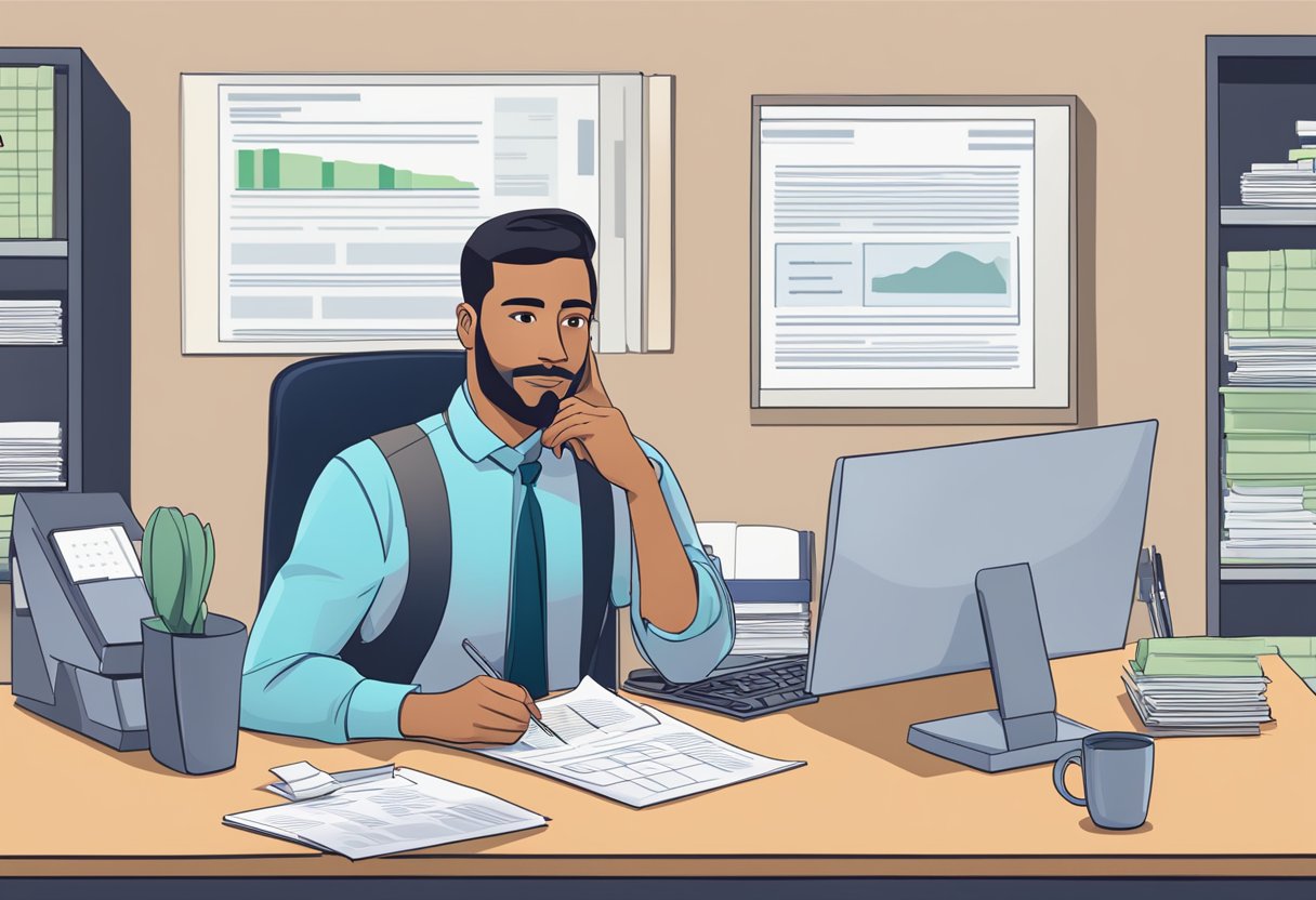 A money lender sits at a desk, reviewing credit reports on a computer screen. A stack of loan applications sits nearby