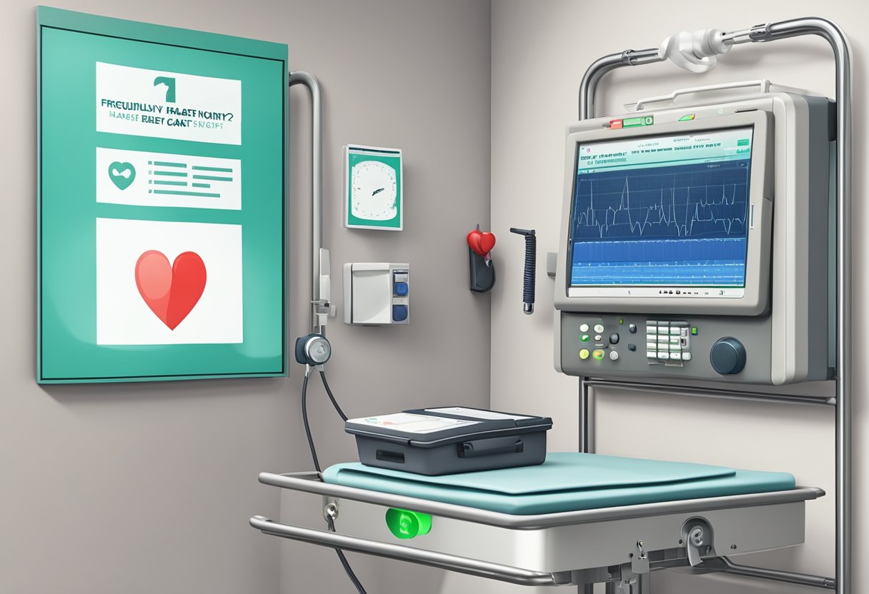 A defibrillator and a heart monitor sit on a medical cart, with a "Frequently Asked Questions" poster about cardiac arrest and heart attack on the wall