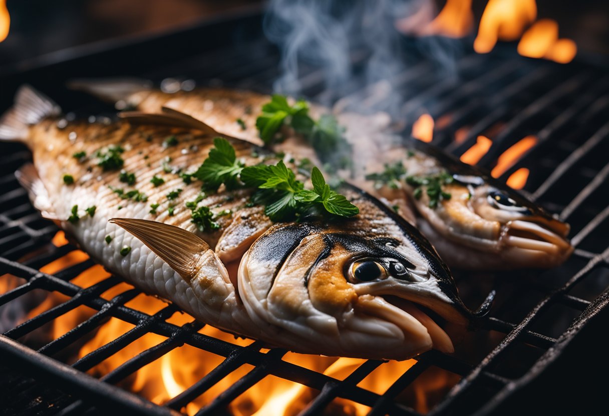 A whole fish marinating in a mixture of Thai spices and herbs, placed on a grill over hot coals, surrounded by aromatic smoke and sizzling sounds