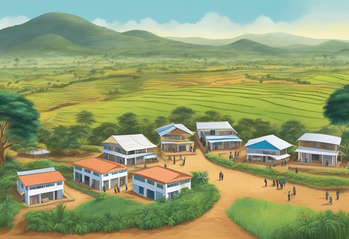 A landscape of Uganda with tier IV microfinance institutions and money lenders, showing regulatory signs and documents