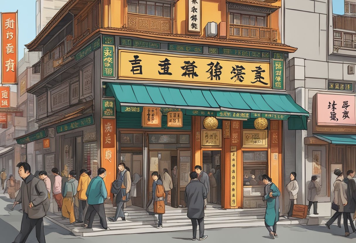 A bustling Chinatown street with a prominent sign for "Trillion Money Lender." People are seen entering and exiting the establishment, with a sense of urgency and purpose. The storefront is adorned with traditional Chinese symbols and decorations