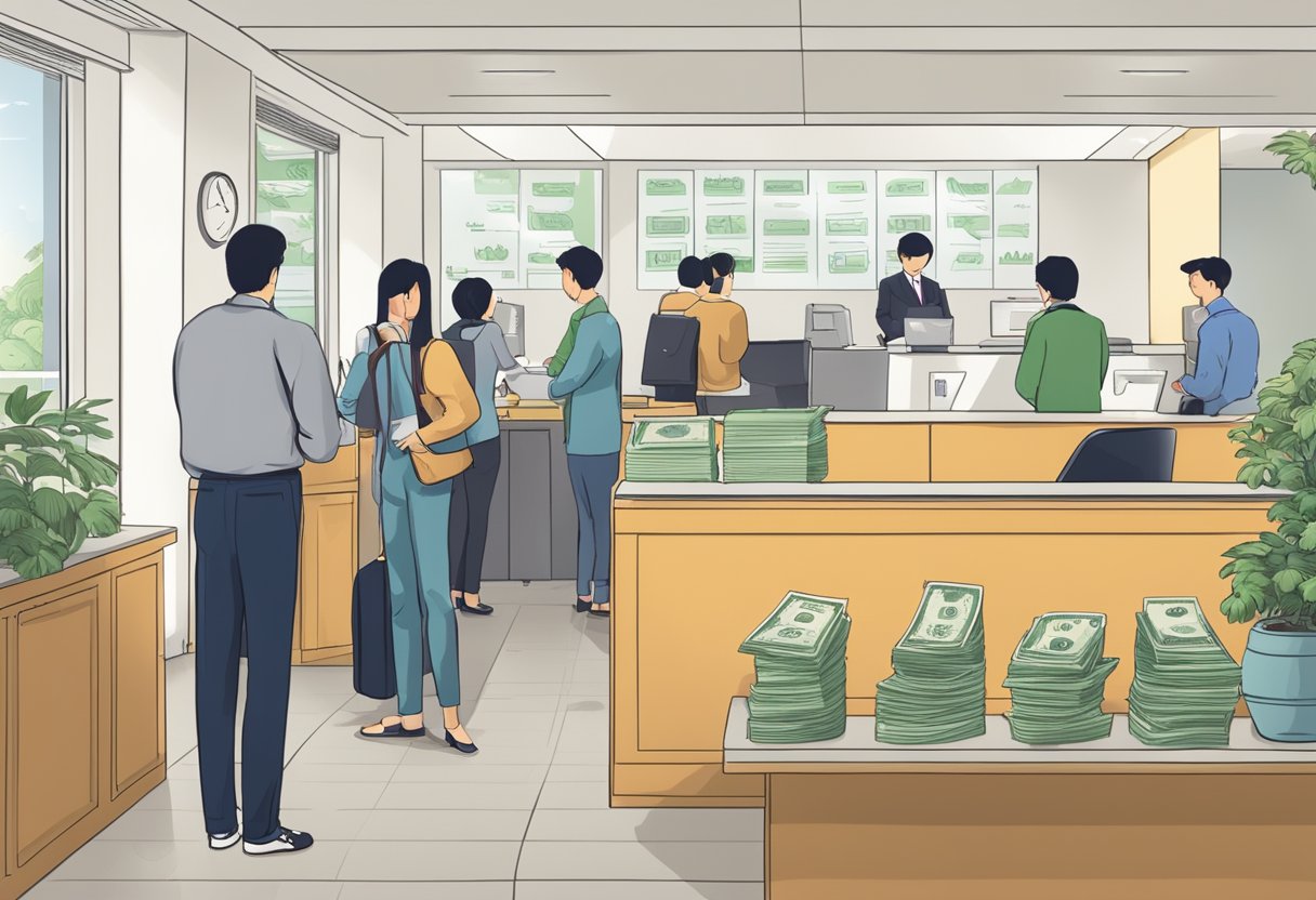 A busy office with people lining up at a counter, signs displaying "Frequently Asked Questions" and "Xingang Money Lender" visible